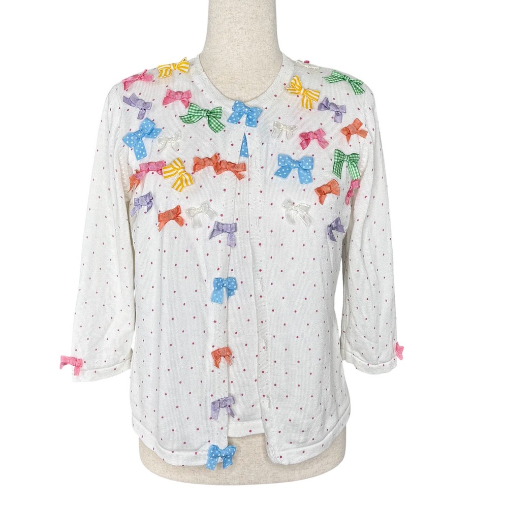 Vintage Berek 2 Takako Sakon Knit Sweater Set Polka Dot Ribbon Bows Small